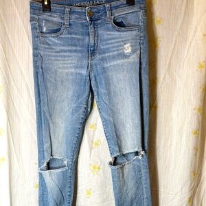 American Eagle Jeans Women Size 8 Blue Super Stretch X Jegging Distressed Skinny